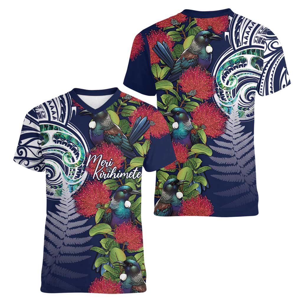 Meri Kirihimete New Zealand Women V-Neck T-Shirt Tui on Pohutukawa - Blue Ver LT7 - Polynesian Pride
