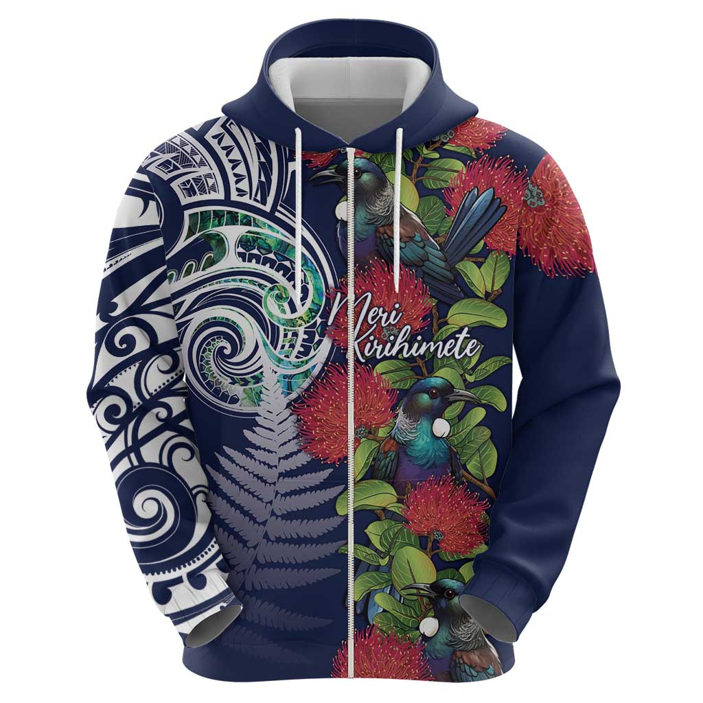 Meri Kirihimete New Zealand Zip Hoodie Tui on Pohutukawa - Blue Ver LT7 - Polynesian Pride