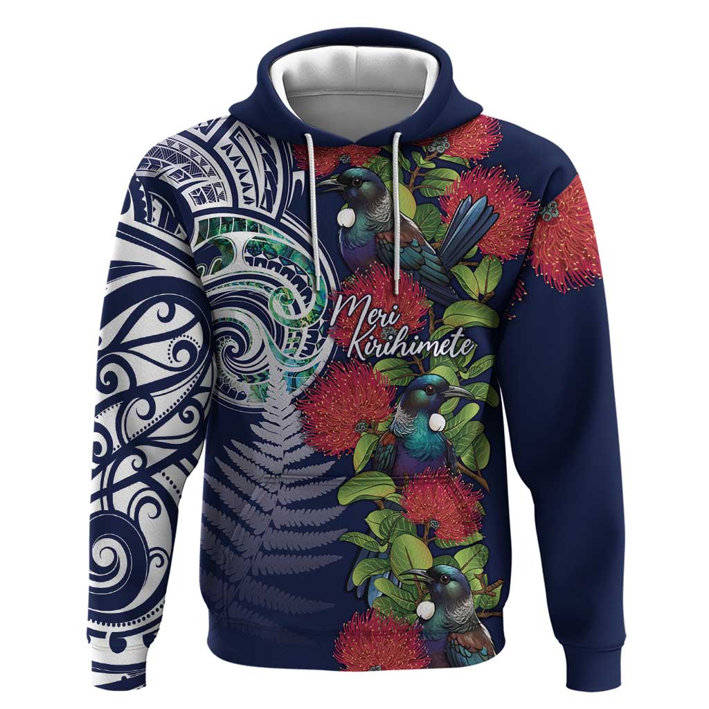 Meri Kirihimete New Zealand Zip Hoodie Tui on Pohutukawa - Blue Ver LT7 Pullover Hoodie Blue - Polynesian Pride