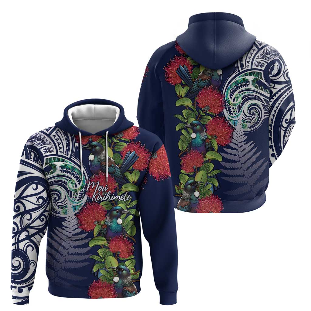 Meri Kirihimete New Zealand Zip Hoodie Tui on Pohutukawa - Blue Ver LT7 - Polynesian Pride