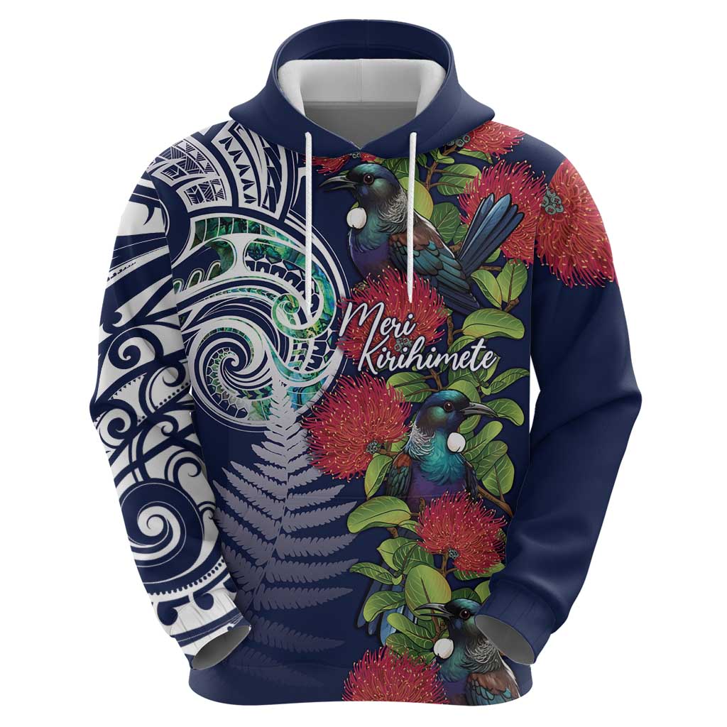 Meri Kirihimete New Zealand Zip Hoodie Tui on Pohutukawa - Blue Ver LT7 - Polynesian Pride