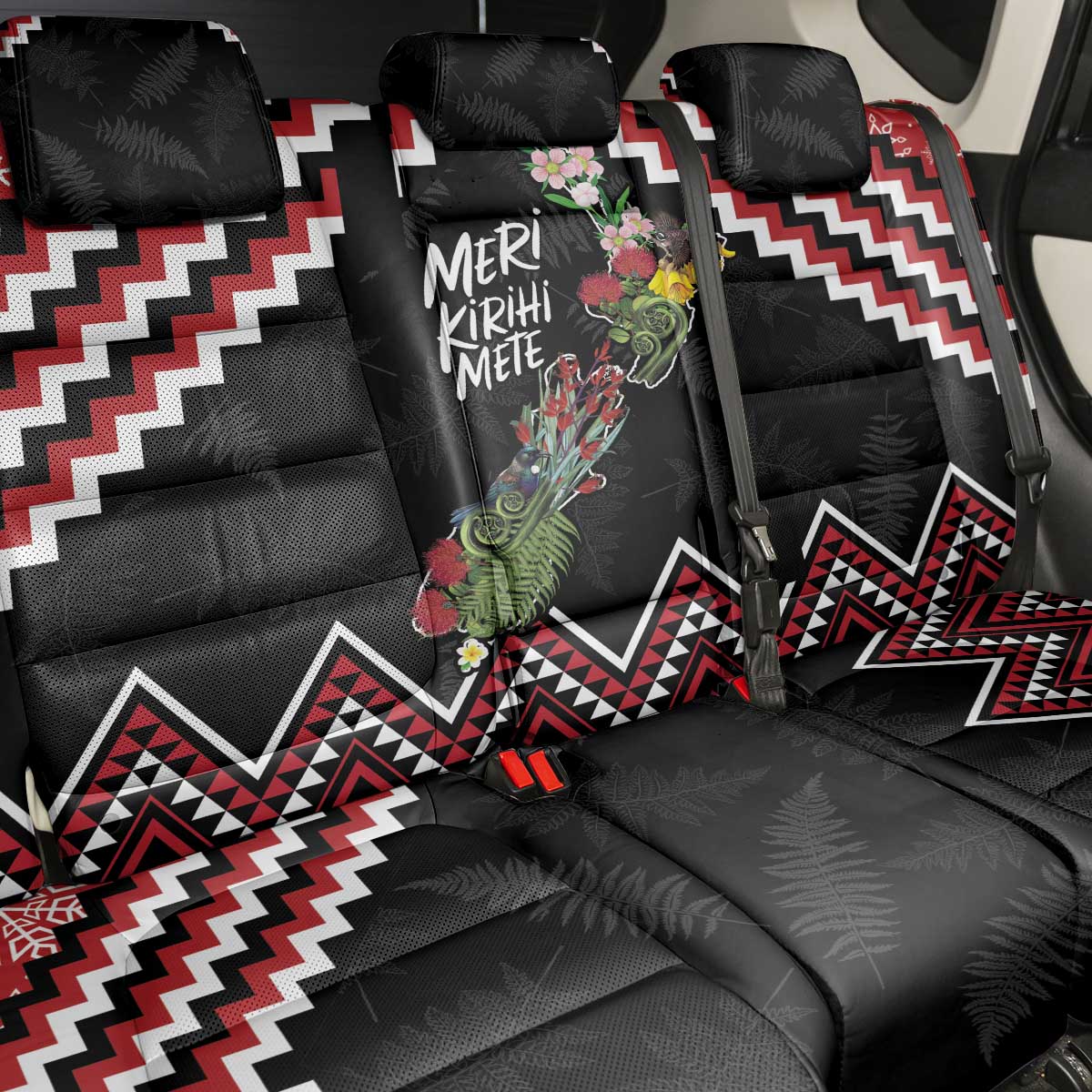 New Zealand Christmas Taniko Poutama Back Car Seat Cover Flora Map with Birds - Polynesian Pride