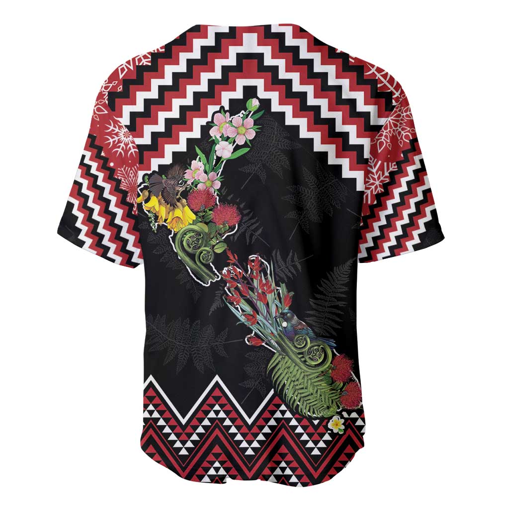 New Zealand Christmas Taniko Poutama Baseball Jersey Flora Map with Birds - Polynesian Pride