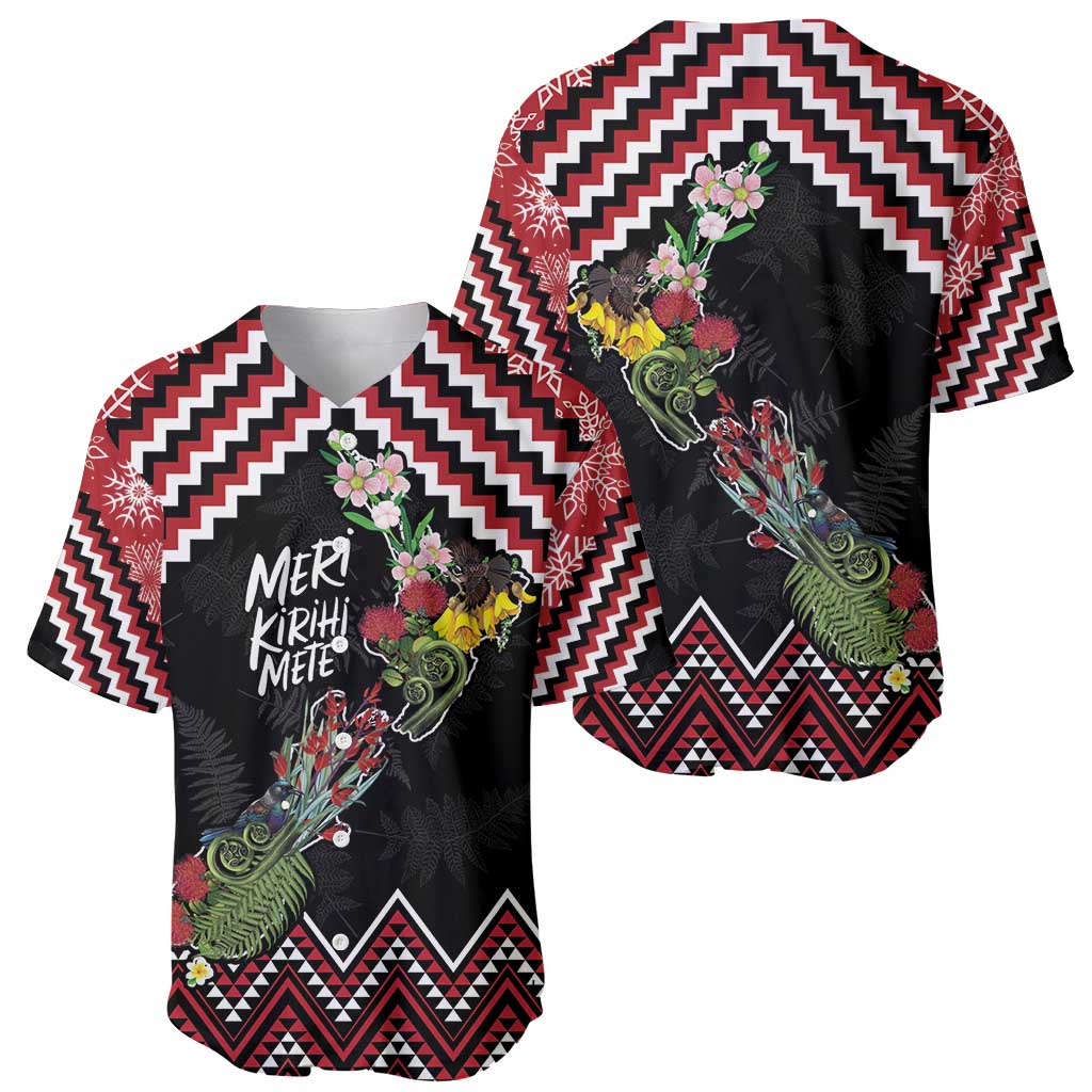 New Zealand Christmas Taniko Poutama Baseball Jersey Flora Map with Birds - Polynesian Pride