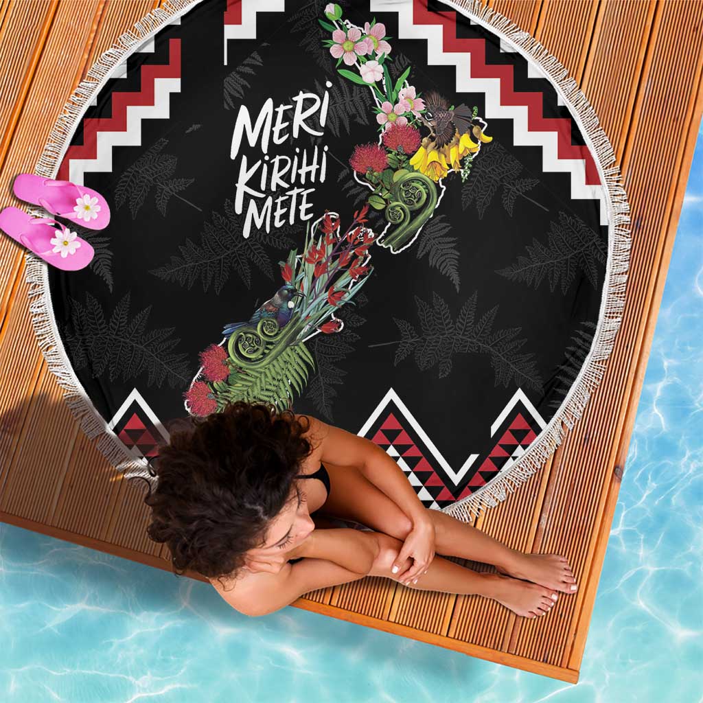 New Zealand Christmas Taniko Poutama Beach Blanket Flora Map with Birds - Polynesian Pride