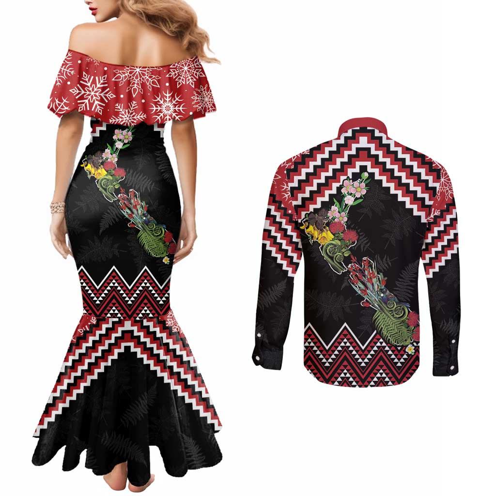 New Zealand Christmas Taniko Poutama Couples Matching Mermaid Dress and Long Sleeve Button Shirt Flora Map with Birds - Polynesian Pride