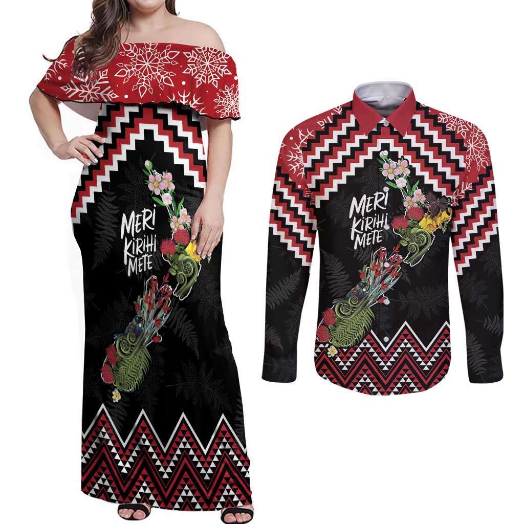 New Zealand Christmas Taniko Poutama Couples Matching Off Shoulder Maxi Dress and Long Sleeve Button Shirt Flora Map with Birds - Polynesian Pride