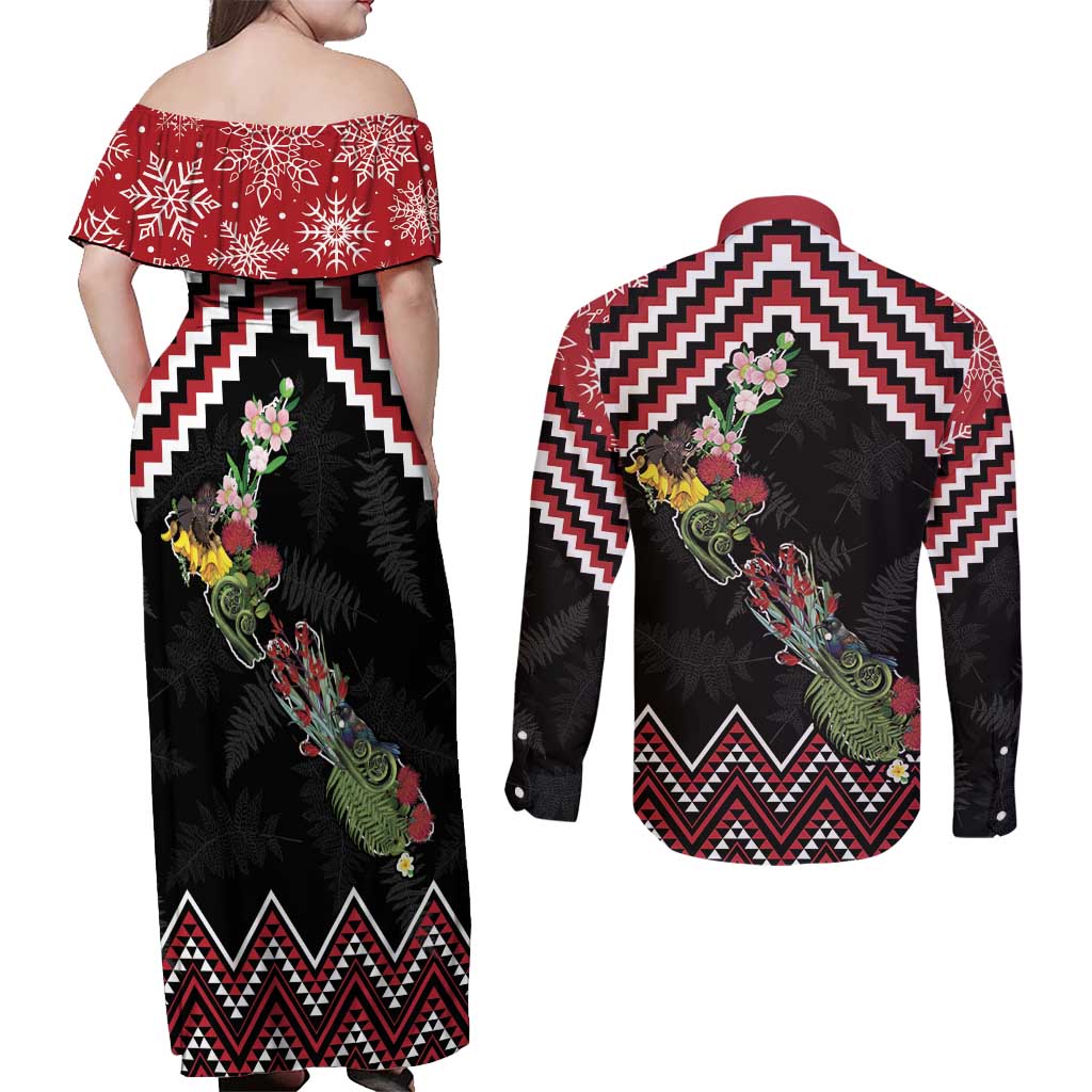 New Zealand Christmas Taniko Poutama Couples Matching Off Shoulder Maxi Dress and Long Sleeve Button Shirt Flora Map with Birds - Polynesian Pride