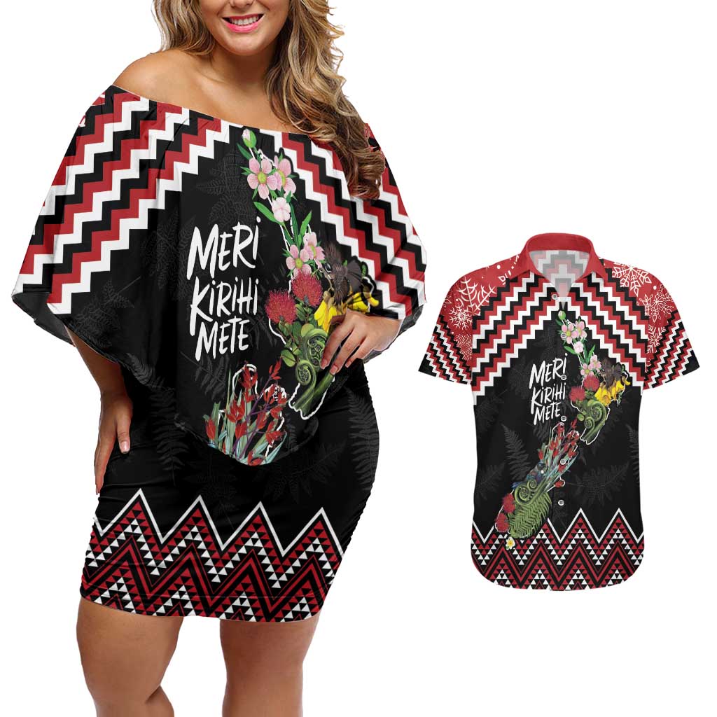 New Zealand Christmas Taniko Poutama Couples Matching Off Shoulder Short Dress and Hawaiian Shirt Flora Map with Birds - Polynesian Pride