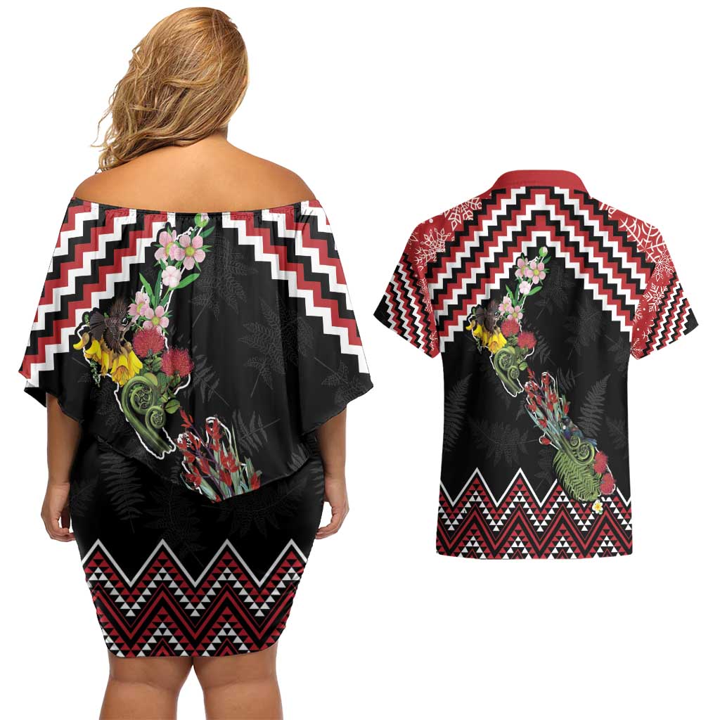 New Zealand Christmas Taniko Poutama Couples Matching Off Shoulder Short Dress and Hawaiian Shirt Flora Map with Birds - Polynesian Pride