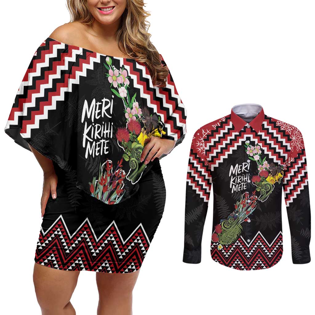 New Zealand Christmas Taniko Poutama Couples Matching Off Shoulder Short Dress and Long Sleeve Button Shirt Flora Map with Birds - Polynesian Pride