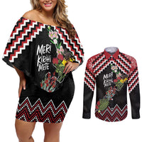 New Zealand Christmas Taniko Poutama Couples Matching Off Shoulder Short Dress and Long Sleeve Button Shirt Flora Map with Birds - Polynesian Pride