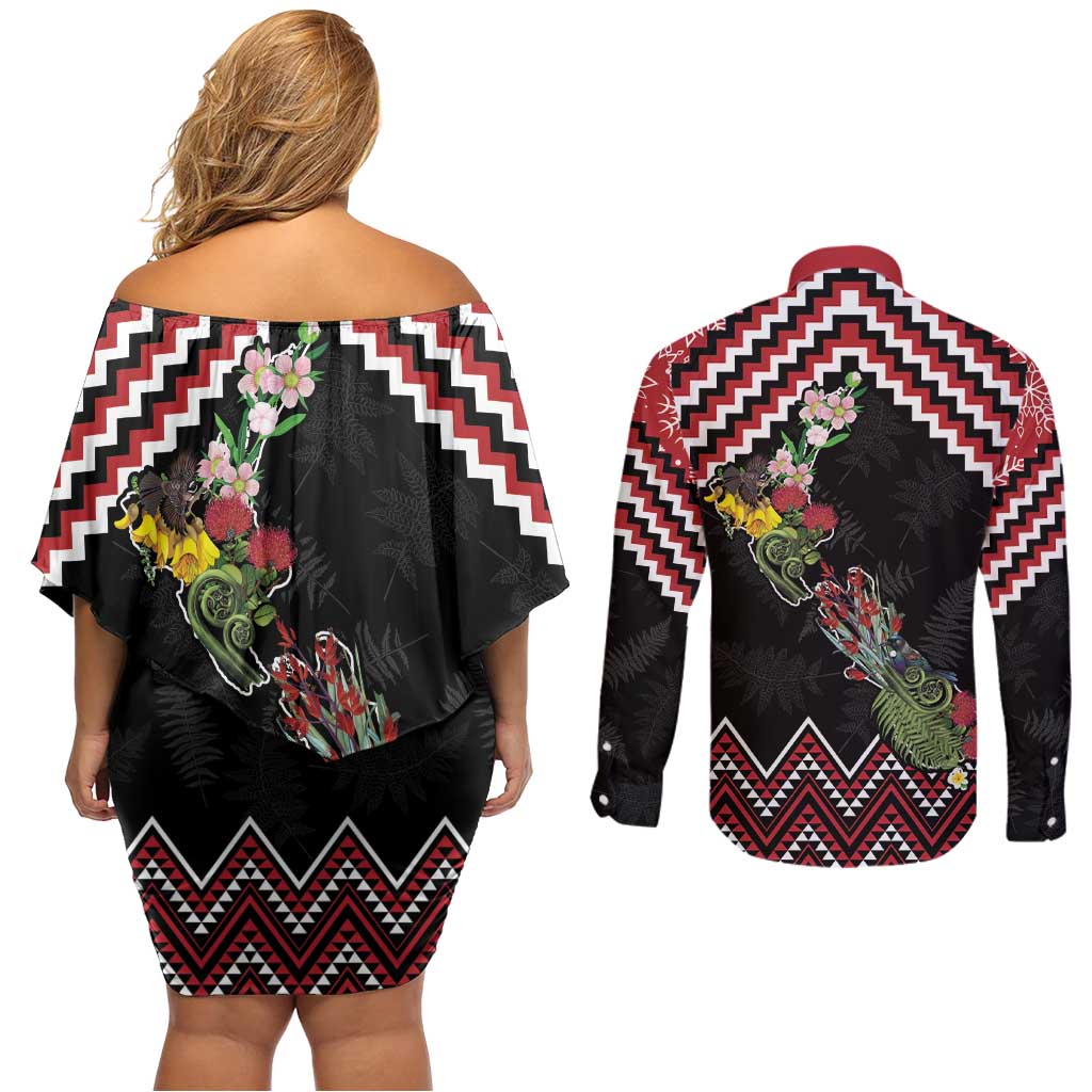 New Zealand Christmas Taniko Poutama Couples Matching Off Shoulder Short Dress and Long Sleeve Button Shirt Flora Map with Birds - Polynesian Pride
