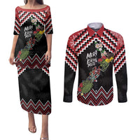 New Zealand Christmas Taniko Poutama Couples Matching Puletasi and Long Sleeve Button Shirt Flora Map with Birds - Polynesian Pride