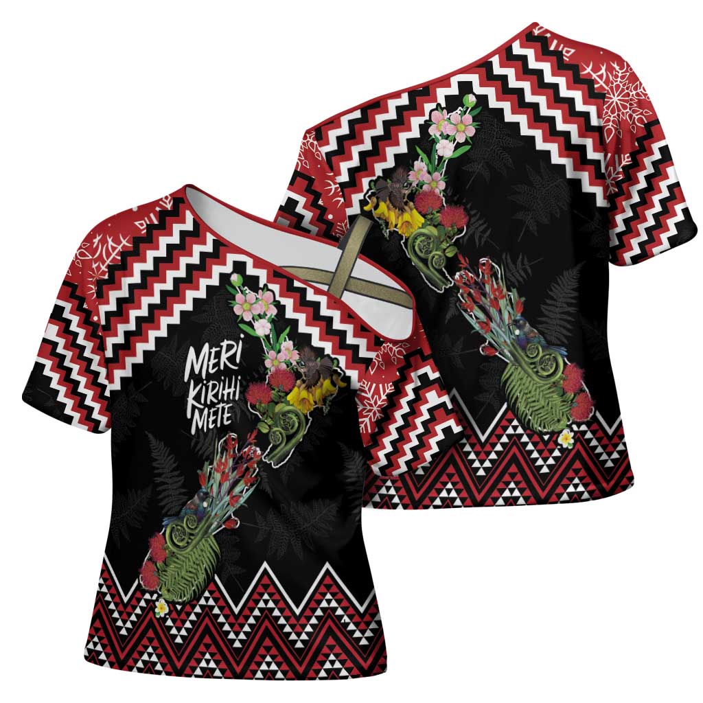 New Zealand Christmas Taniko Poutama Cross Shoulder Shirt Flora Map with Birds - Polynesian Pride