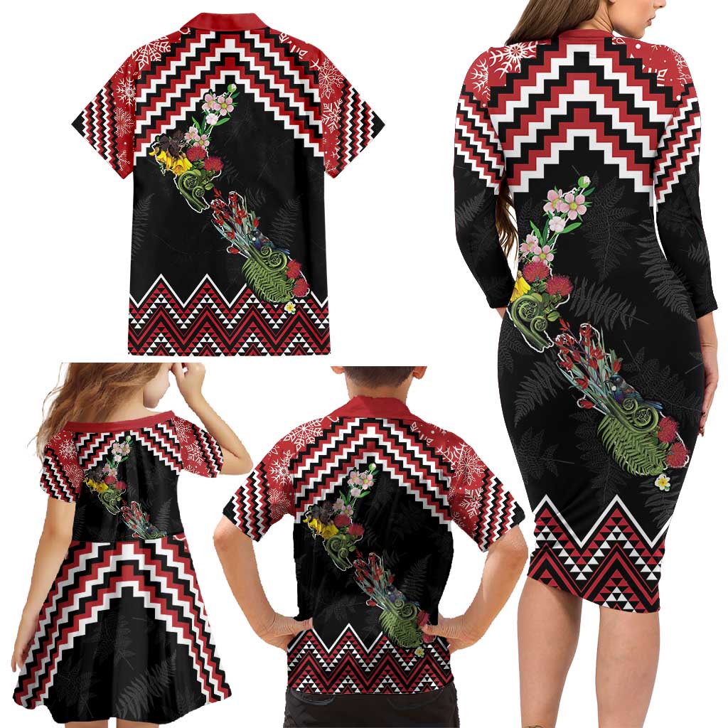 New Zealand Christmas Taniko Poutama Family Matching Long Sleeve Bodycon Dress and Hawaiian Shirt Flora Map with Birds - Polynesian Pride