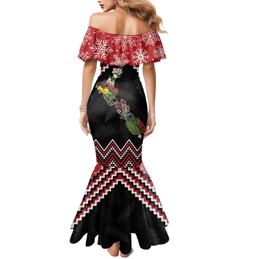 New Zealand Christmas Taniko Poutama Family Matching Mermaid Dress and Hawaiian Shirt Flora Map with Birds - Polynesian Pride
