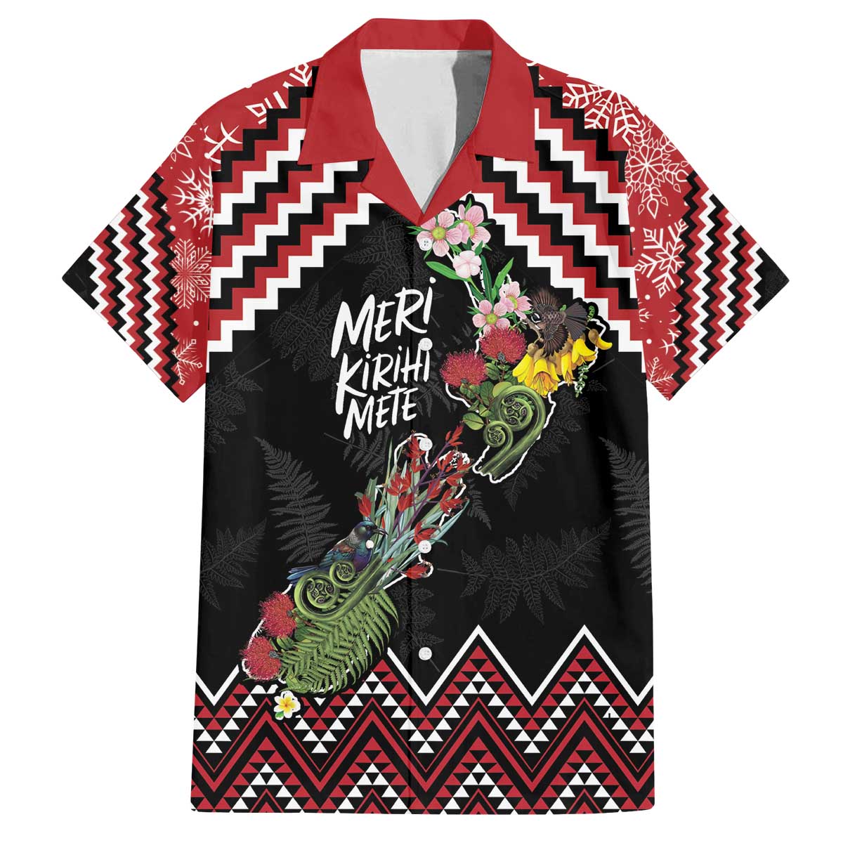 New Zealand Christmas Taniko Poutama Family Matching Off The Shoulder Long Sleeve Dress and Hawaiian Shirt Flora Map with Birds - Polynesian Pride