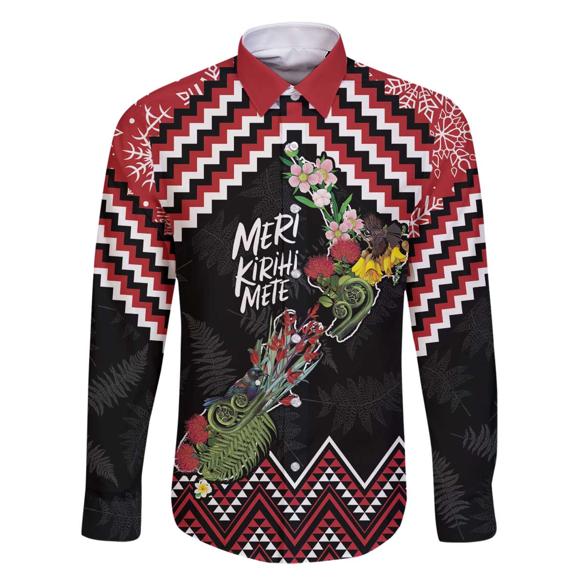 New Zealand Christmas Taniko Poutama Family Matching Off The Shoulder Long Sleeve Dress and Hawaiian Shirt Flora Map with Birds - Polynesian Pride