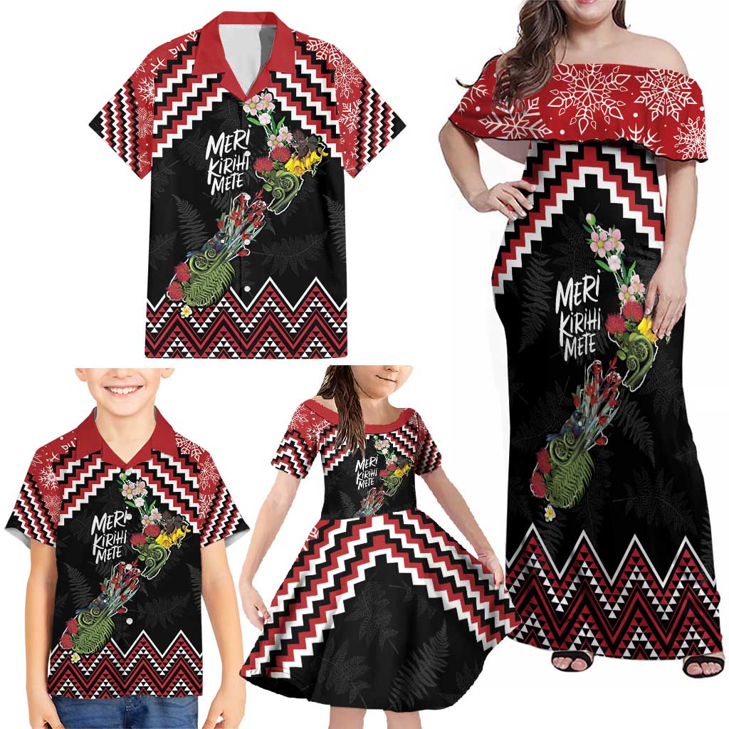 New Zealand Christmas Taniko Poutama Family Matching Off Shoulder Maxi Dress and Hawaiian Shirt Flora Map with Birds - Polynesian Pride