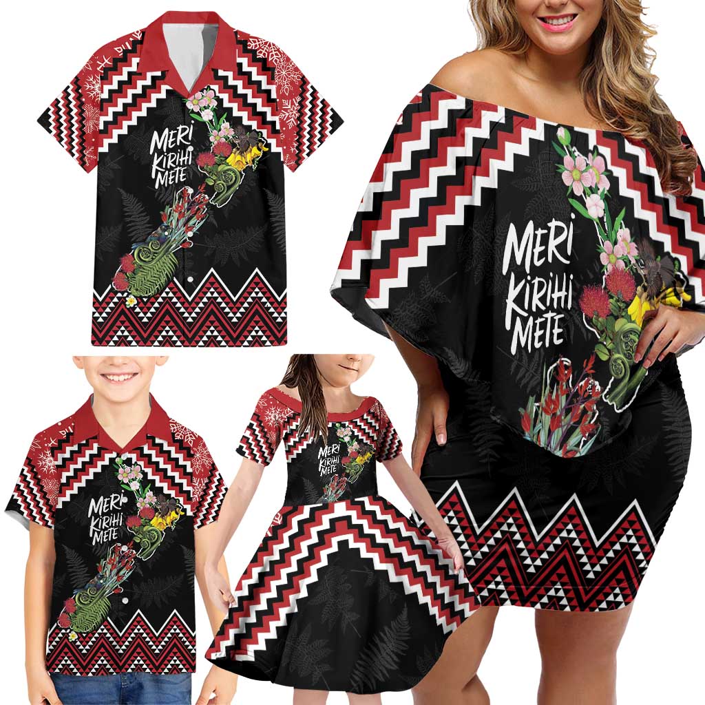 New Zealand Christmas Taniko Poutama Family Matching Off Shoulder Short Dress and Hawaiian Shirt Flora Map with Birds - Polynesian Pride