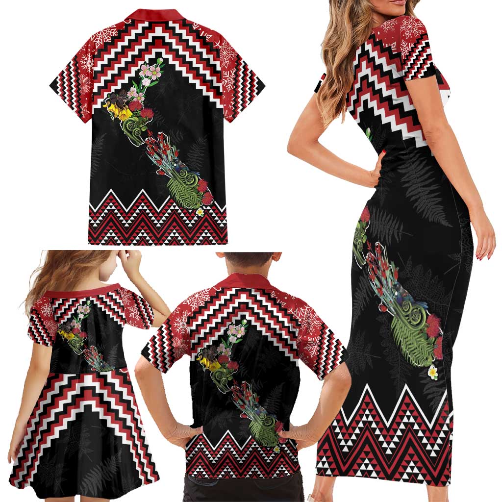 New Zealand Christmas Taniko Poutama Family Matching Short Sleeve Bodycon Dress and Hawaiian Shirt Flora Map with Birds - Polynesian Pride