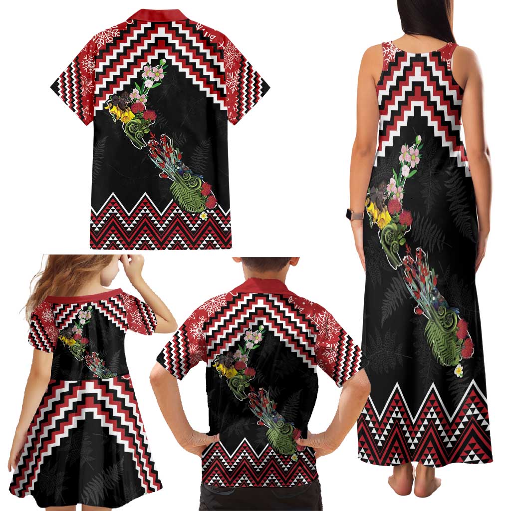 New Zealand Christmas Taniko Poutama Family Matching Tank Maxi Dress and Hawaiian Shirt Flora Map with Birds - Polynesian Pride