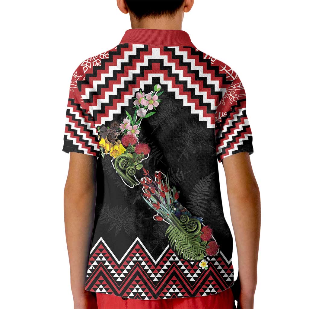 New Zealand Christmas Taniko Poutama Kid Polo Shirt Flora Map with Birds - Polynesian Pride
