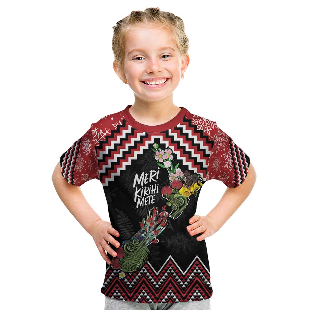 New Zealand Christmas Taniko Poutama Kid T Shirt Flora Map with Birds - Polynesian Pride