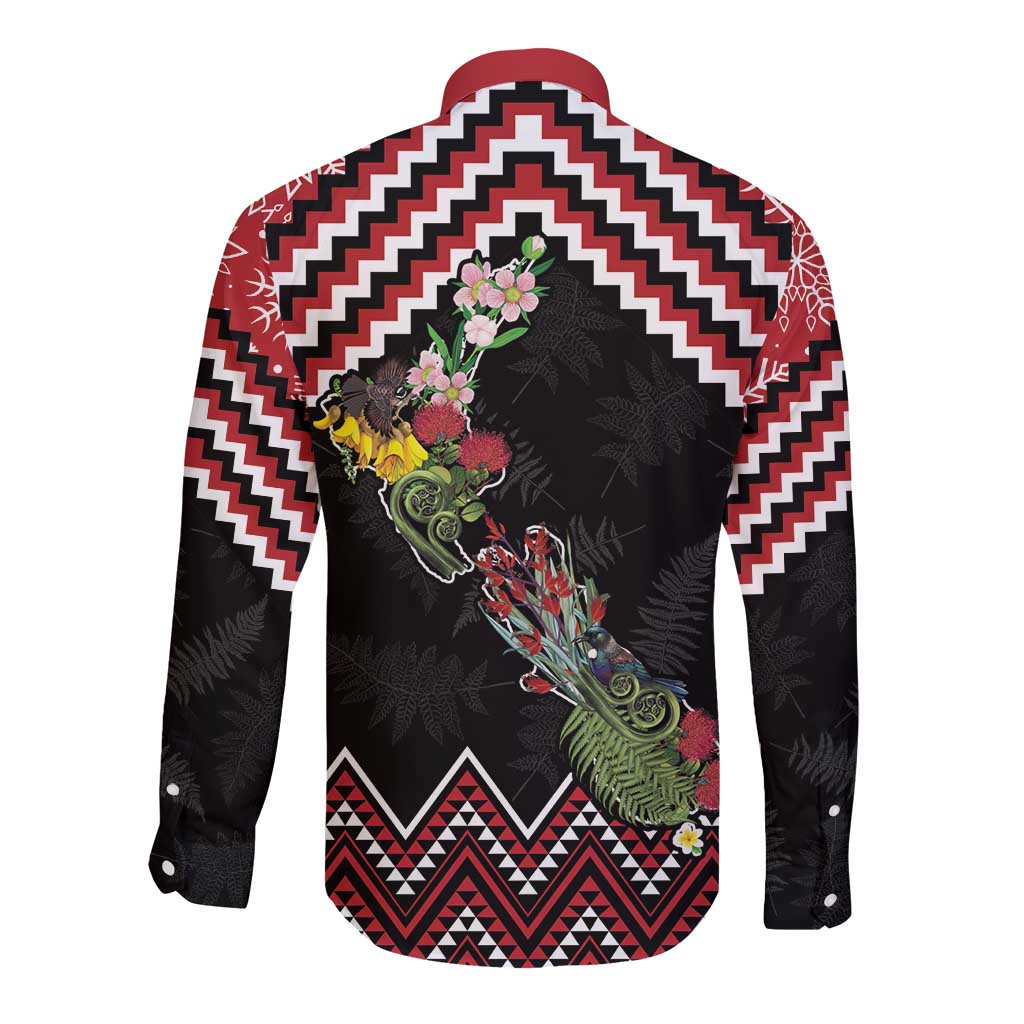 New Zealand Christmas Taniko Poutama Long Sleeve Button Shirt Flora Map with Birds - Polynesian Pride