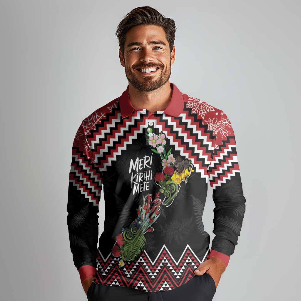 New Zealand Christmas Taniko Poutama Long Sleeve Polo Shirt Flora Map with Birds - Polynesian Pride