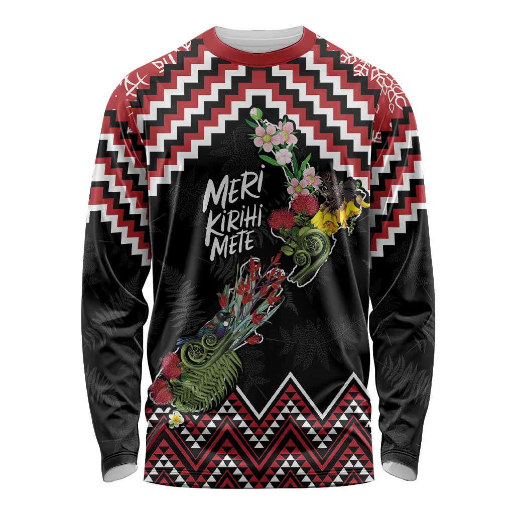 New Zealand Christmas Taniko Poutama Long Sleeve Shirt Flora Map with Birds - Polynesian Pride