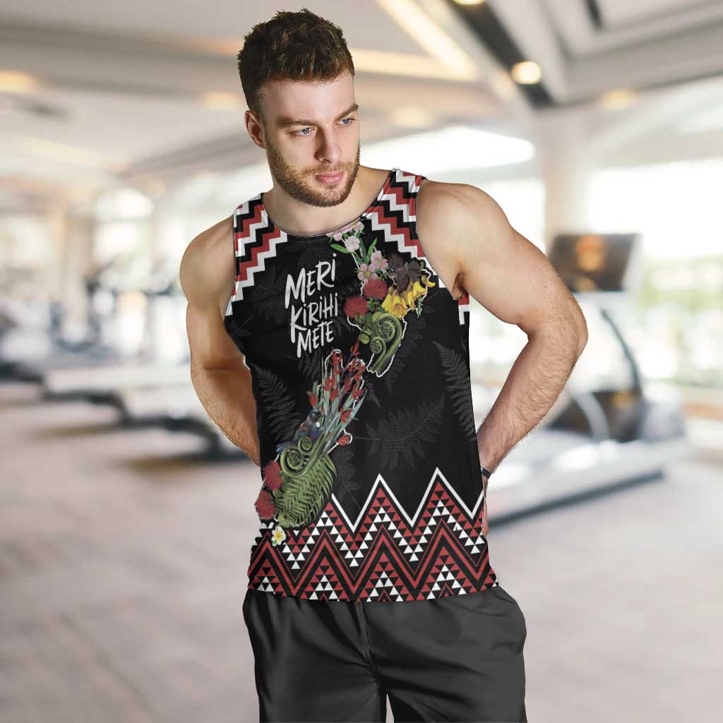 New Zealand Christmas Taniko Poutama Men Tank Top Flora Map with Birds - Polynesian Pride