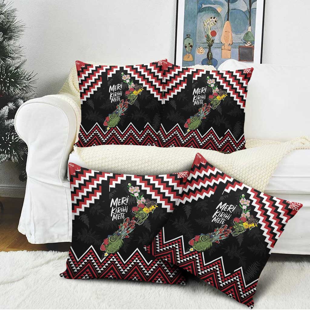 New Zealand Christmas Taniko Poutama Pillow Cover Flora Map with Birds - Polynesian Pride
