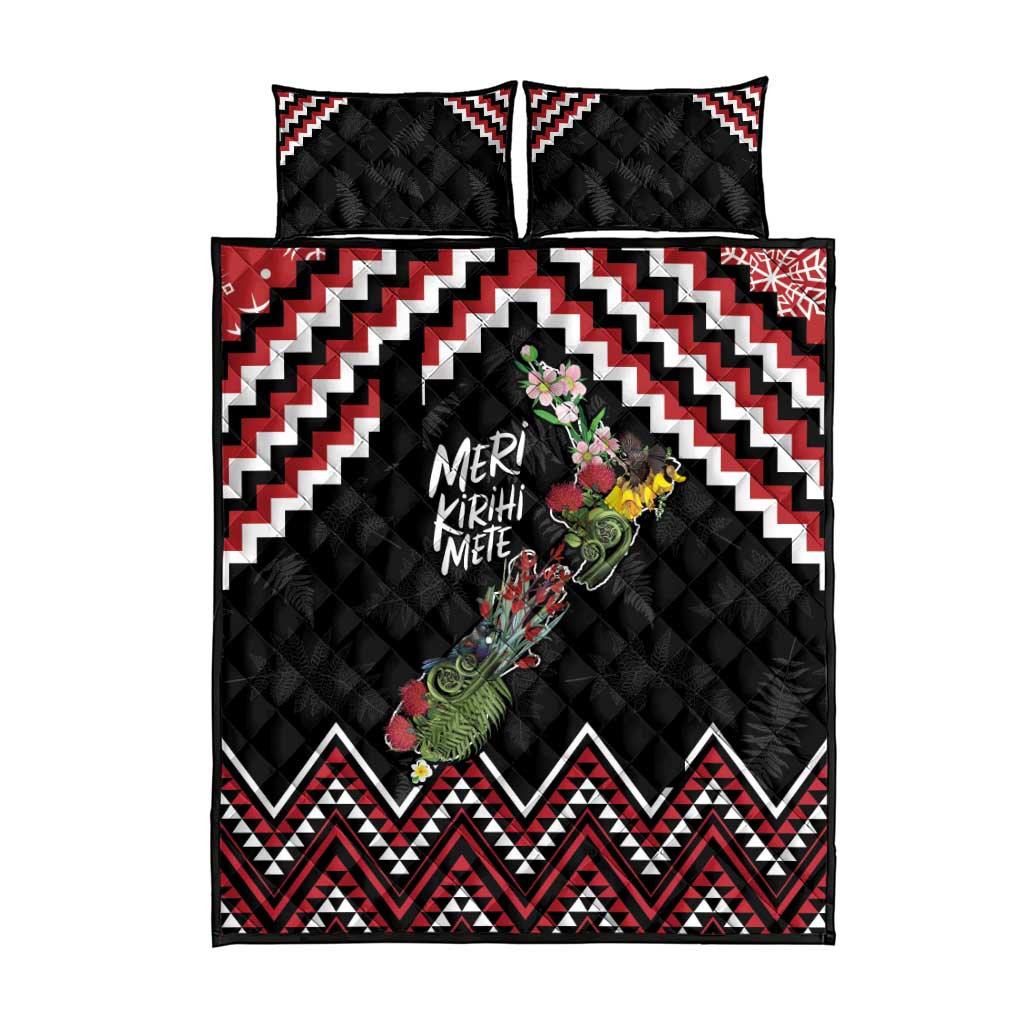 New Zealand Christmas Taniko Poutama Quilt Bed Set Flora Map with Birds - Polynesian Pride