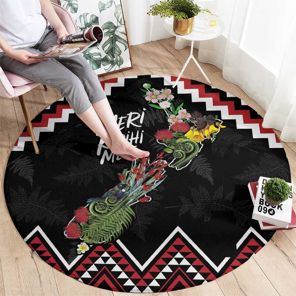 New Zealand Christmas Taniko Poutama Round Carpet Flora Map with Birds - Polynesian Pride