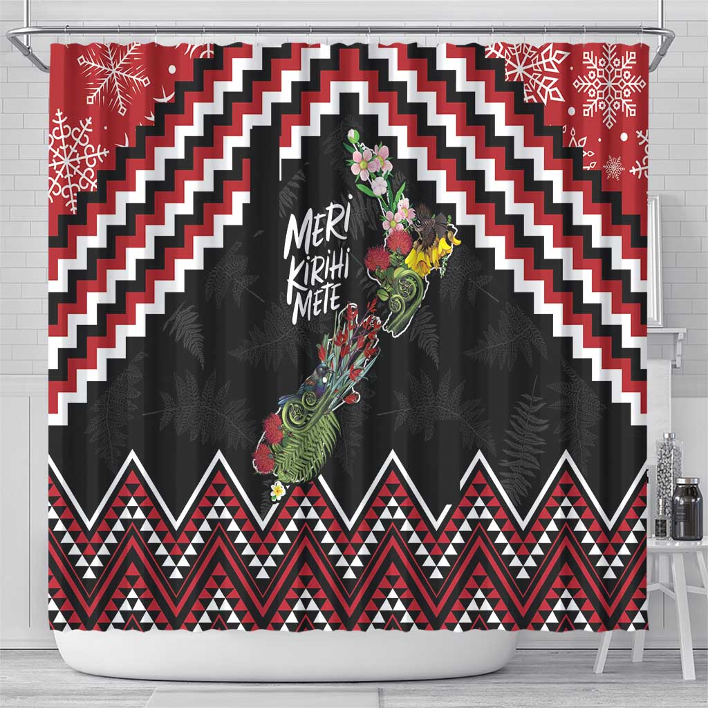 New Zealand Christmas Taniko Poutama Shower Curtain Flora Map with Birds - Polynesian Pride