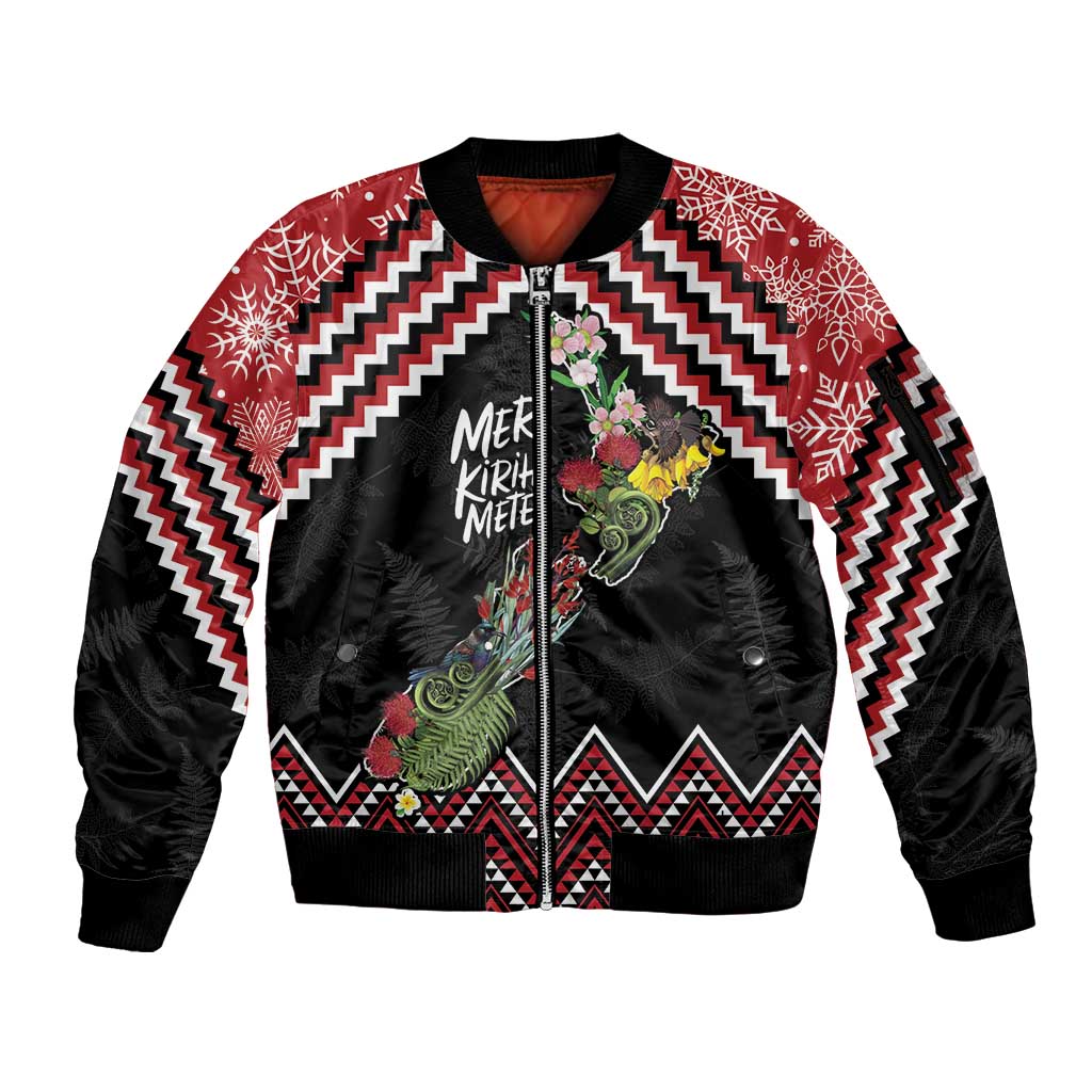 New Zealand Christmas Taniko Poutama Sleeve Zip Bomber Jacket Flora Map with Birds - Polynesian Pride