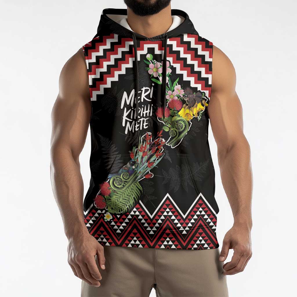 New Zealand Christmas Taniko Poutama Sleeveless Hoodie Flora Map with Birds - Polynesian Pride