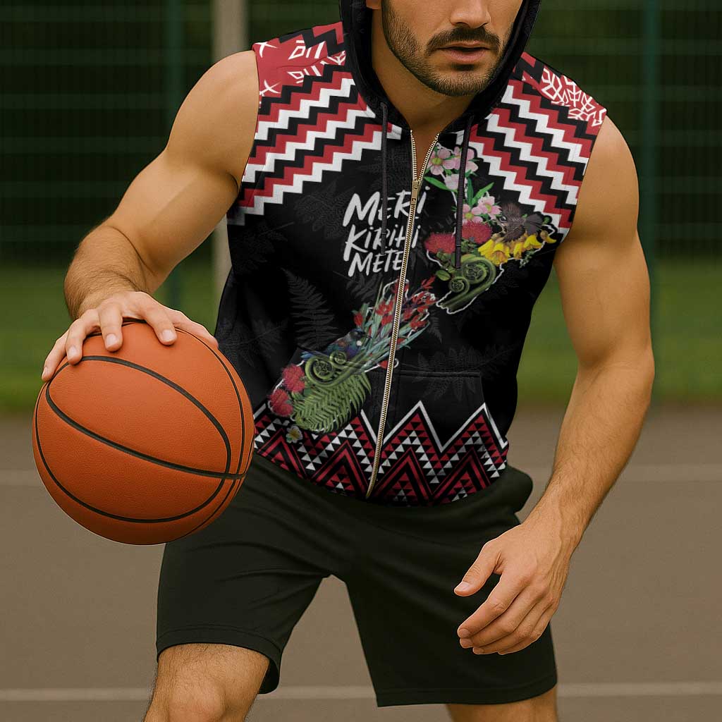 New Zealand Christmas Taniko Poutama Sleeveless Zip Hoodie Flora Map with Birds - Polynesian Pride