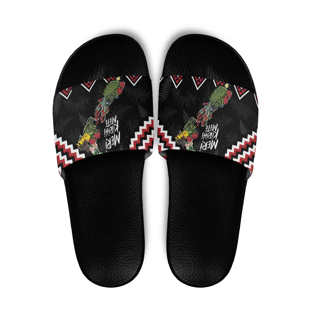 New Zealand Christmas Taniko Poutama Slide Sandals Flora Map with Birds - Polynesian Pride