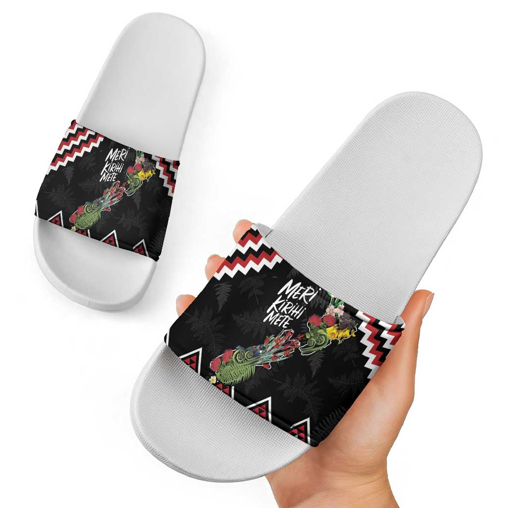 New Zealand Christmas Taniko Poutama Slide Sandals Flora Map with Birds - Polynesian Pride
