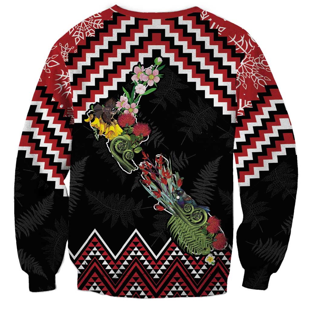 New Zealand Christmas Taniko Poutama Sweatshirt Flora Map with Birds - Polynesian Pride