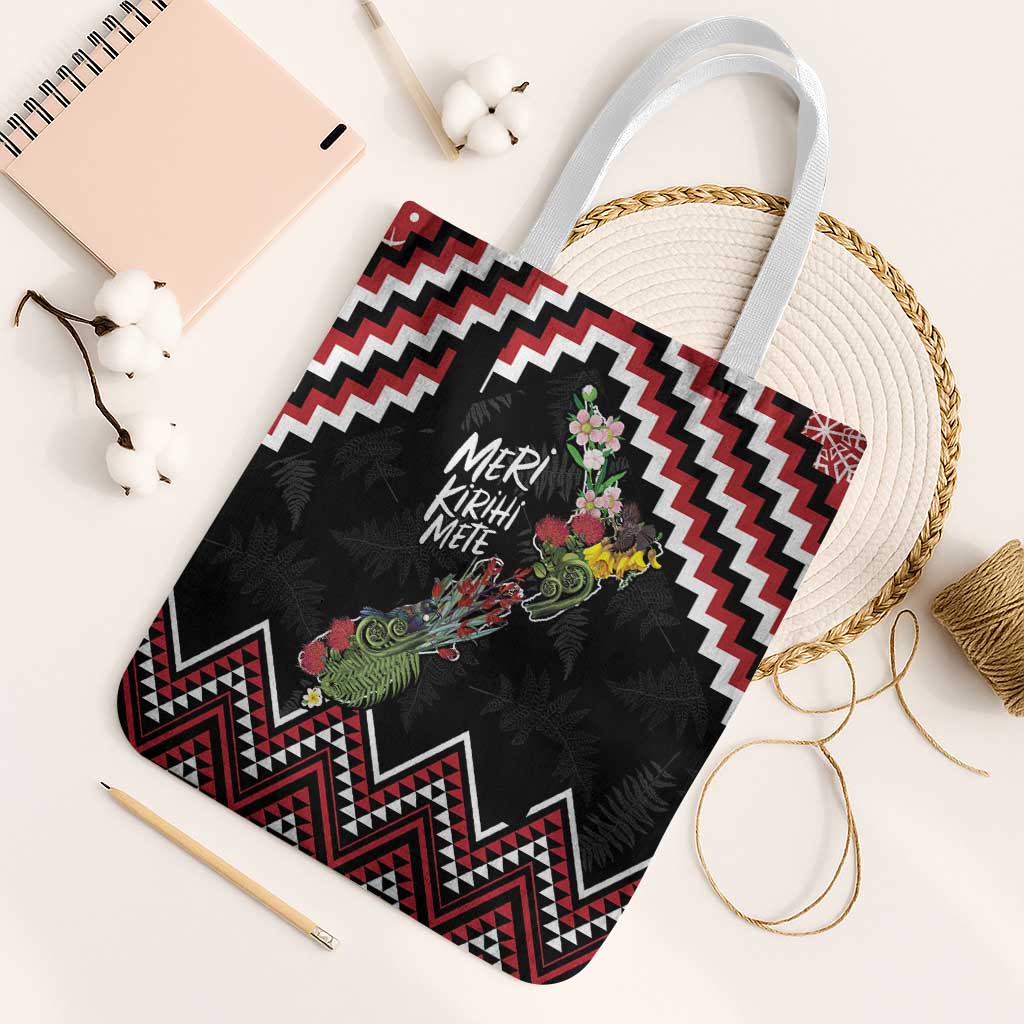 New Zealand Christmas Taniko Poutama Tote Bag Flora Map with Birds - Polynesian Pride