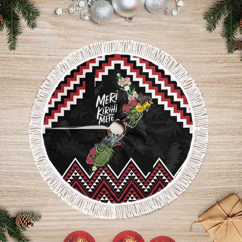 New Zealand Christmas Taniko Poutama Tree Skirt Flora Map with Birds - Polynesian Pride