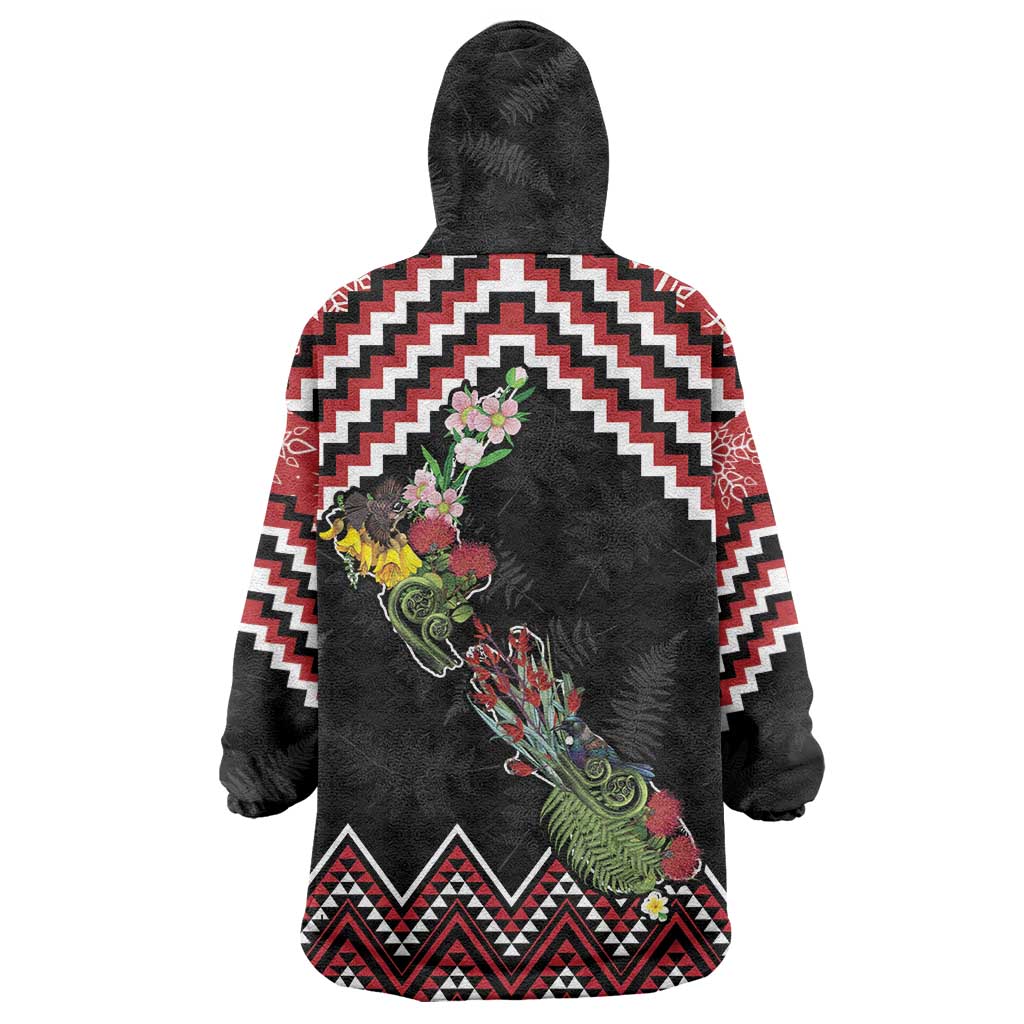 New Zealand Christmas Taniko Poutama Wearable Blanket Hoodie Flora Map with Birds - Polynesian Pride