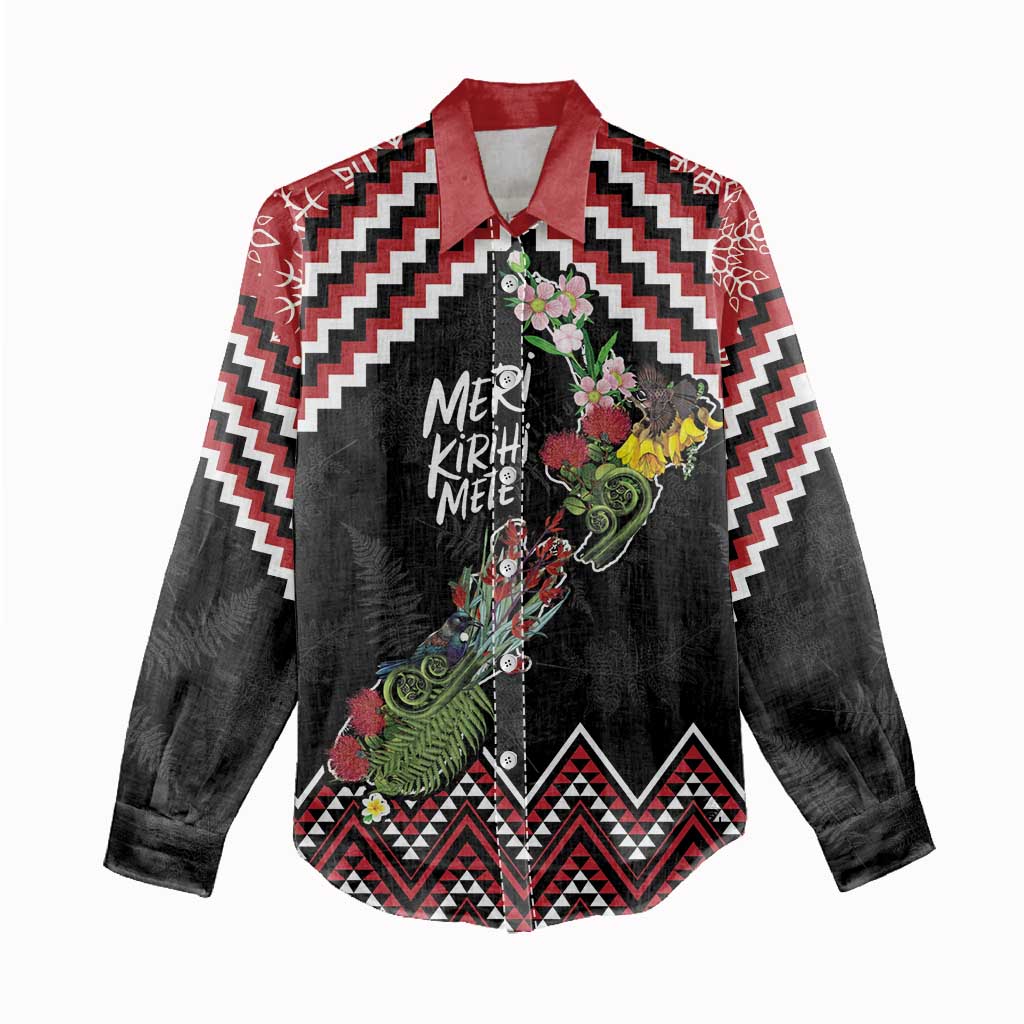 New Zealand Christmas Taniko Poutama Women Casual Shirt Flora Map with Birds - Polynesian Pride