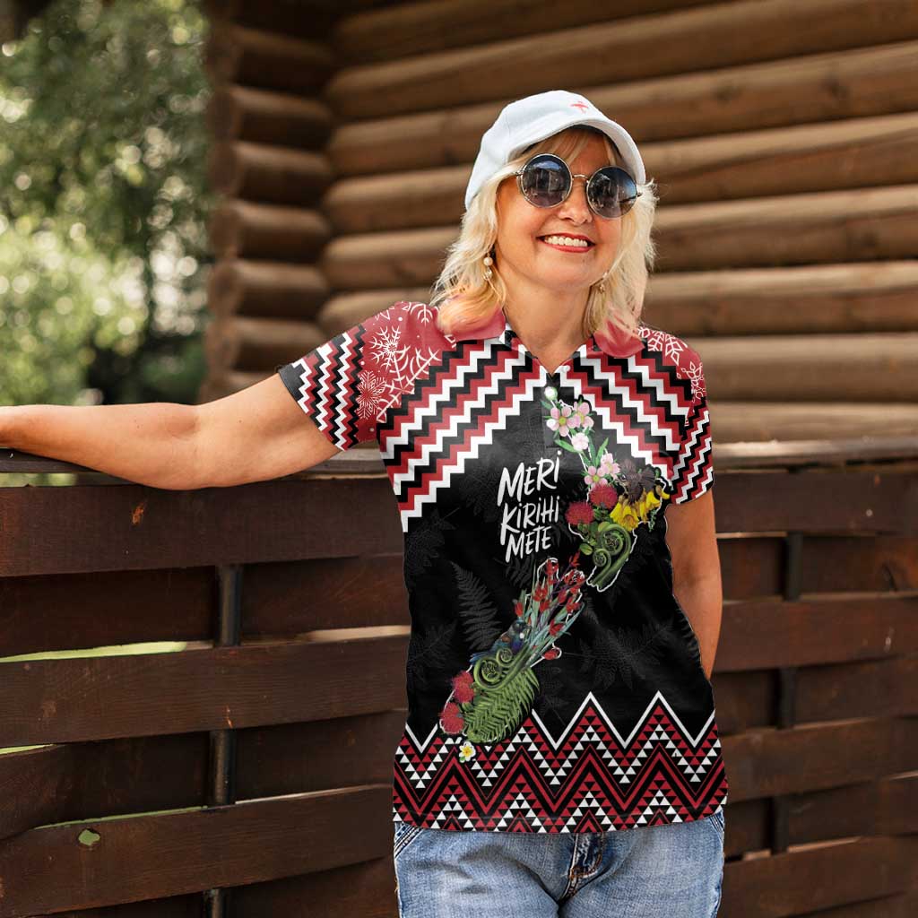 New Zealand Christmas Taniko Poutama Women Polo Shirt Flora Map with Birds - Polynesian Pride