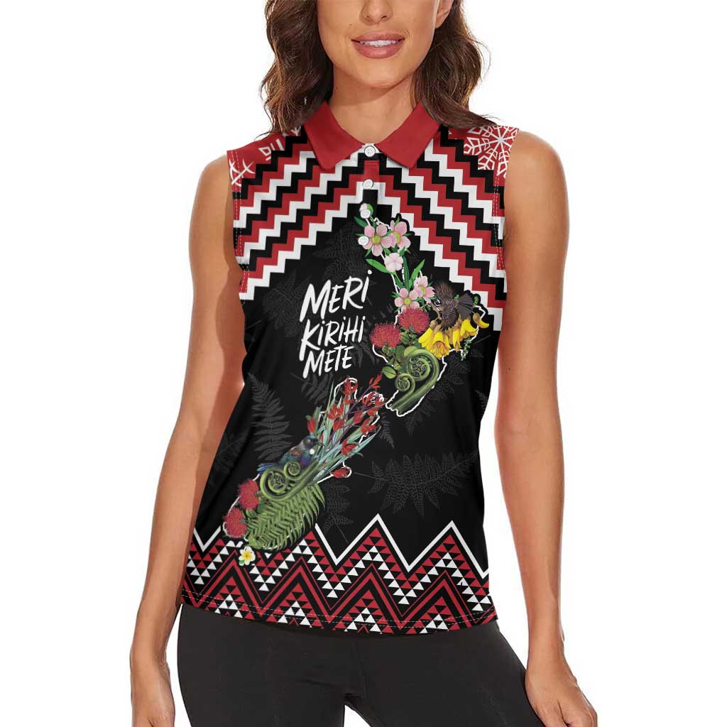 New Zealand Christmas Taniko Poutama Women Sleeveless Polo Shirt Flora Map with Birds - Polynesian Pride
