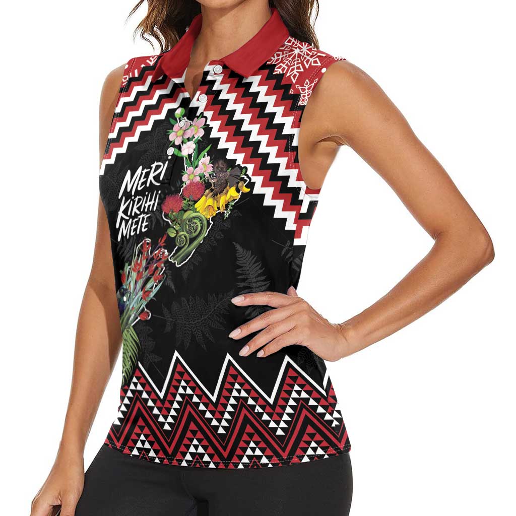 New Zealand Christmas Taniko Poutama Women Sleeveless Polo Shirt Flora Map with Birds - Polynesian Pride